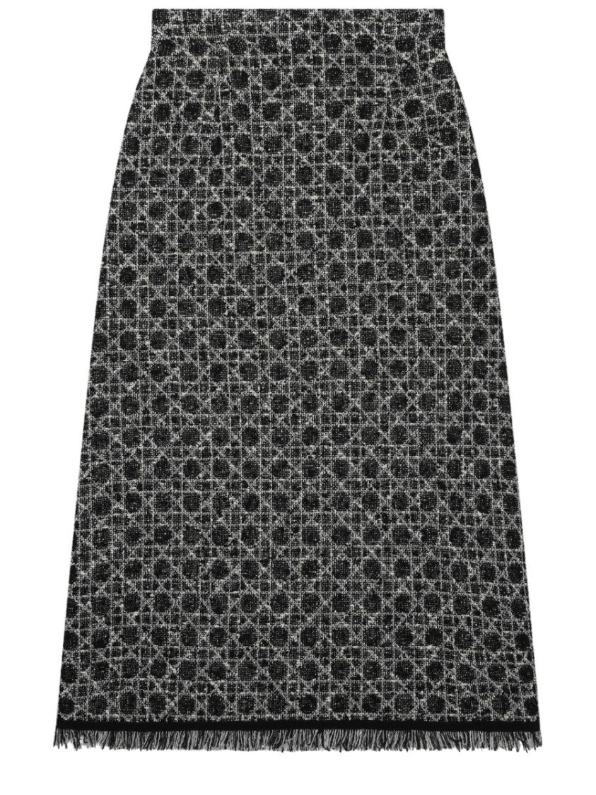 Dior Textured Black Midi Skirt With Geometric Design And Fringe Trim