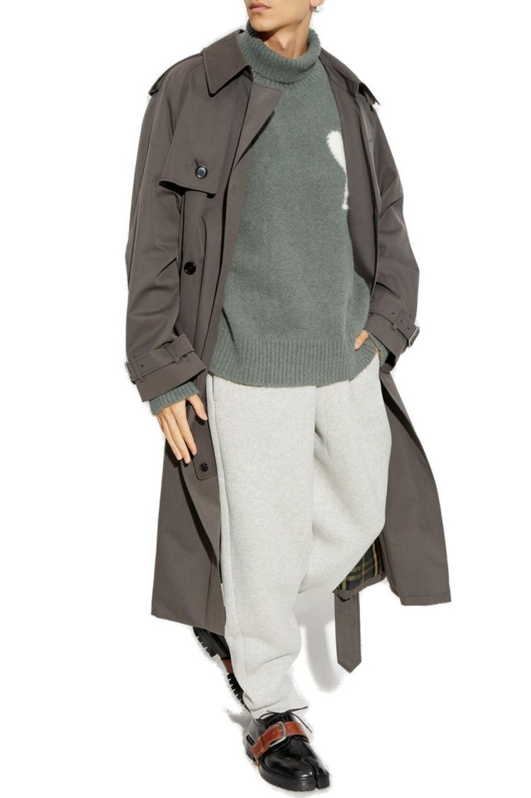 Ami Paris Grey Turtleneck Sweater With Ribbed Details And Heart Logo