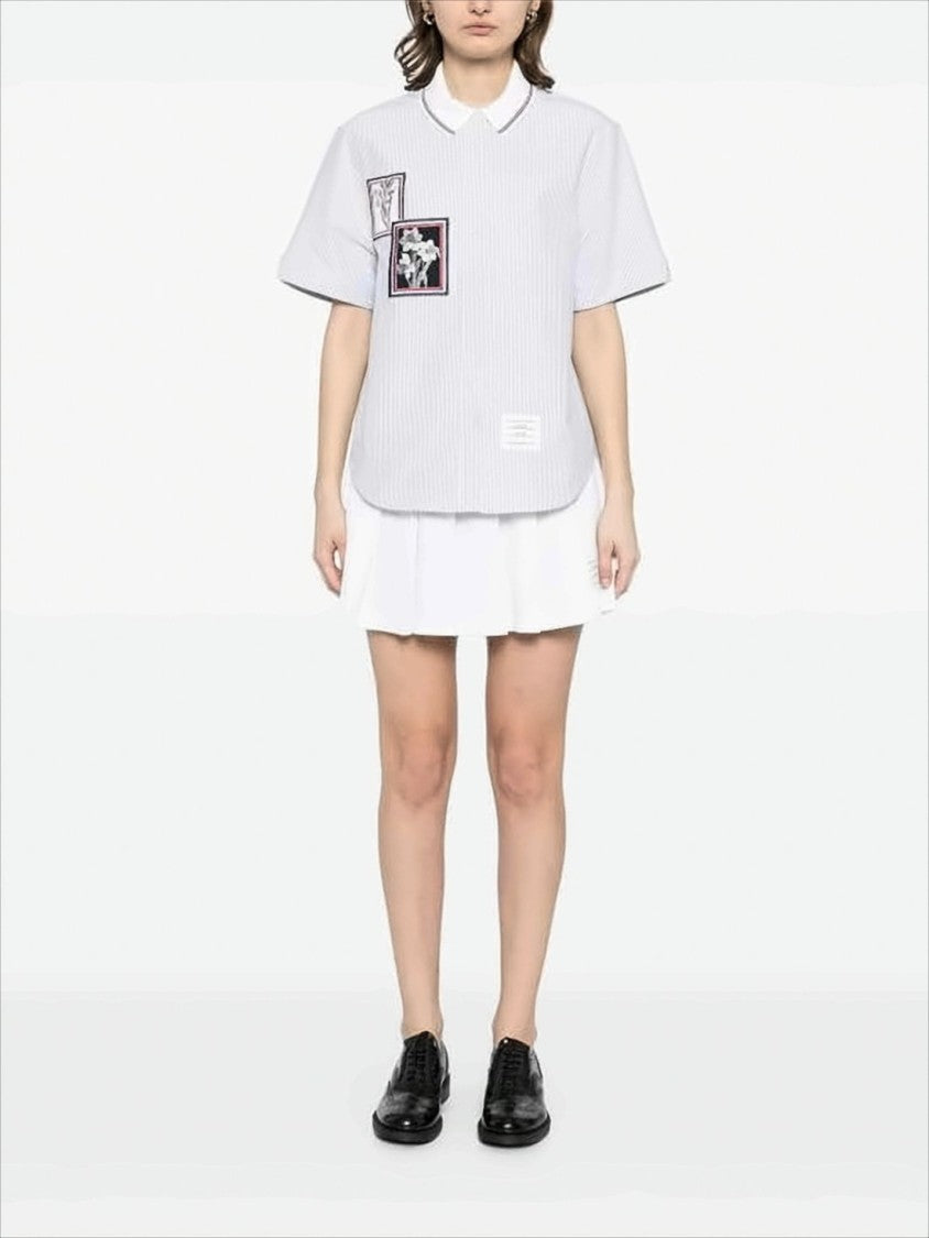 Thom Browne Relaxed Fit Short-Sleeved Blouse With Pinstripes And Floral Details