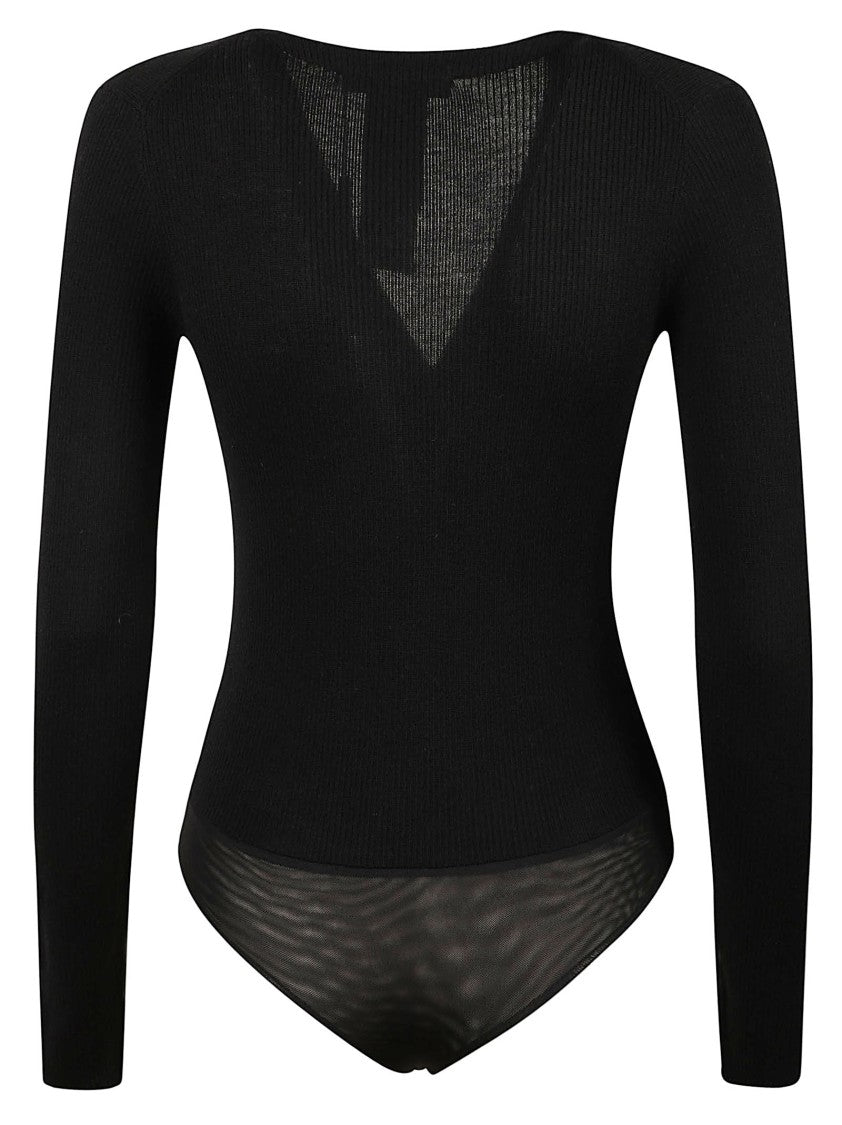 Max Mara Black Long-Sleeve Bodysuit With Deep V-Neck And Sheer Detail