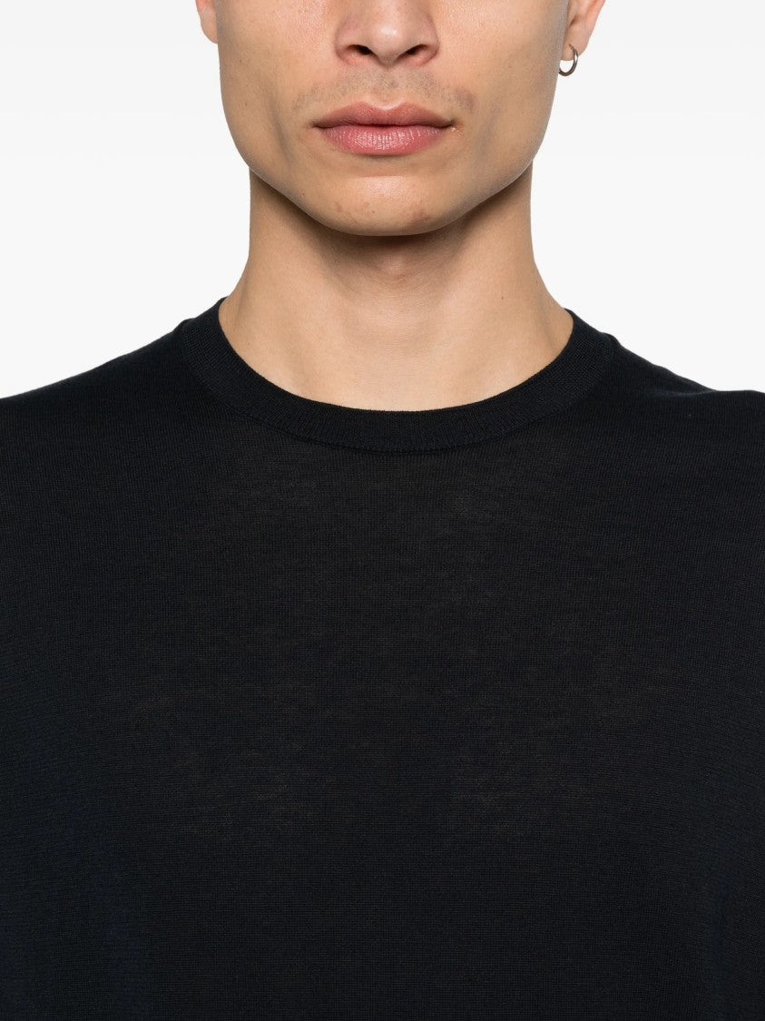 Zanone Black Fine-Knit Crew Neck Wool Pullover