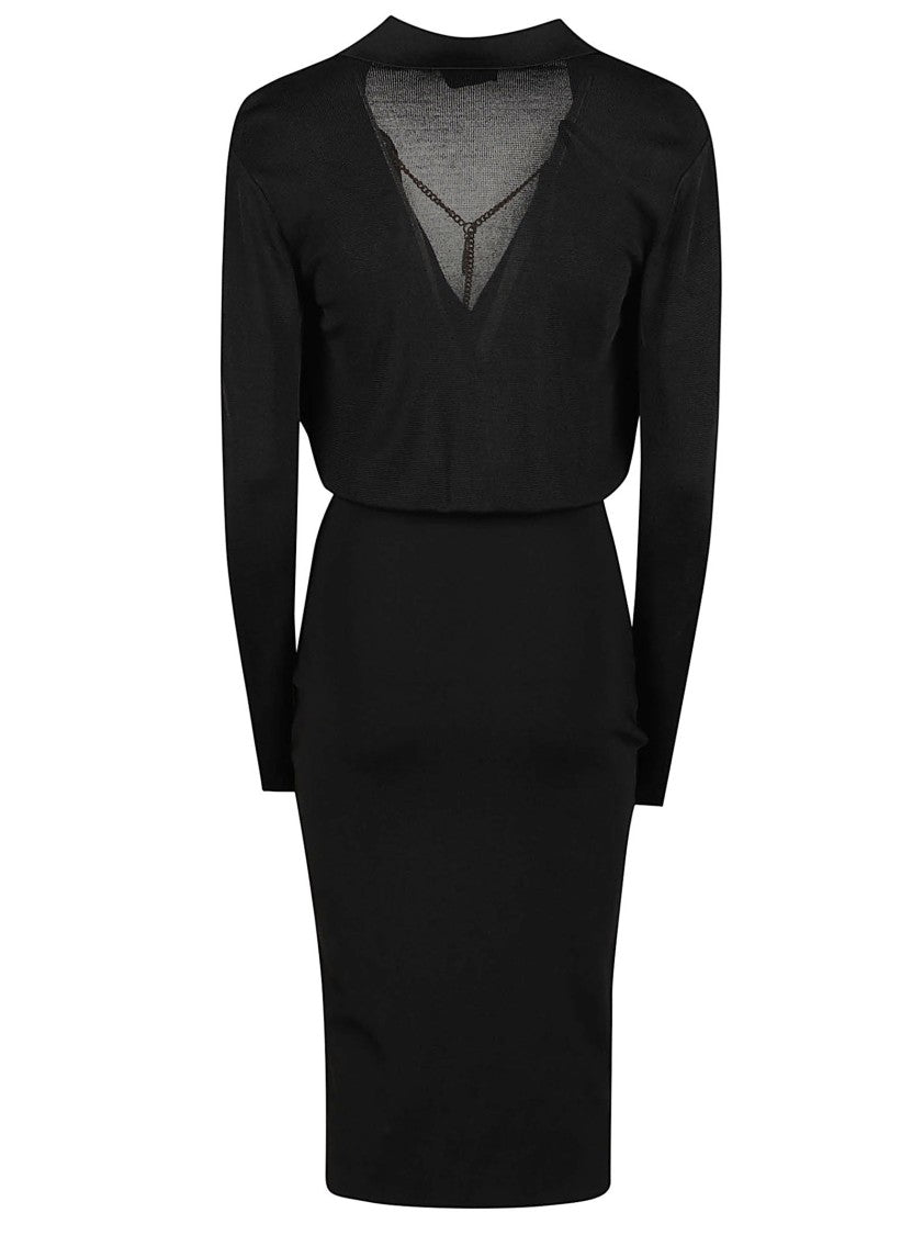 Elisabetta Franchi Long Sleeve Black Midi Dress With Gold Chain Detail