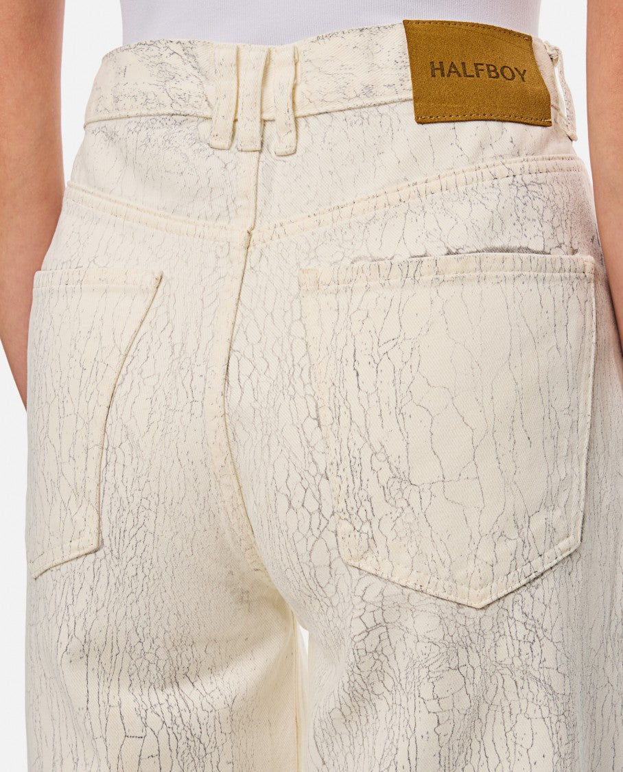 Halfboy Beige Crepe Pattern Wide Leg Jeans