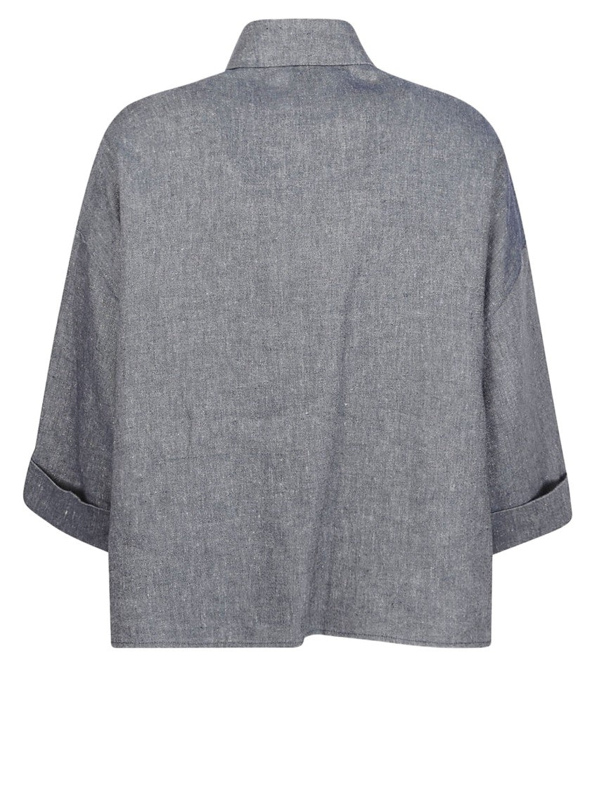 Eleventy Cropped Textured Shirt With Button-Down Front And Flap Pockets