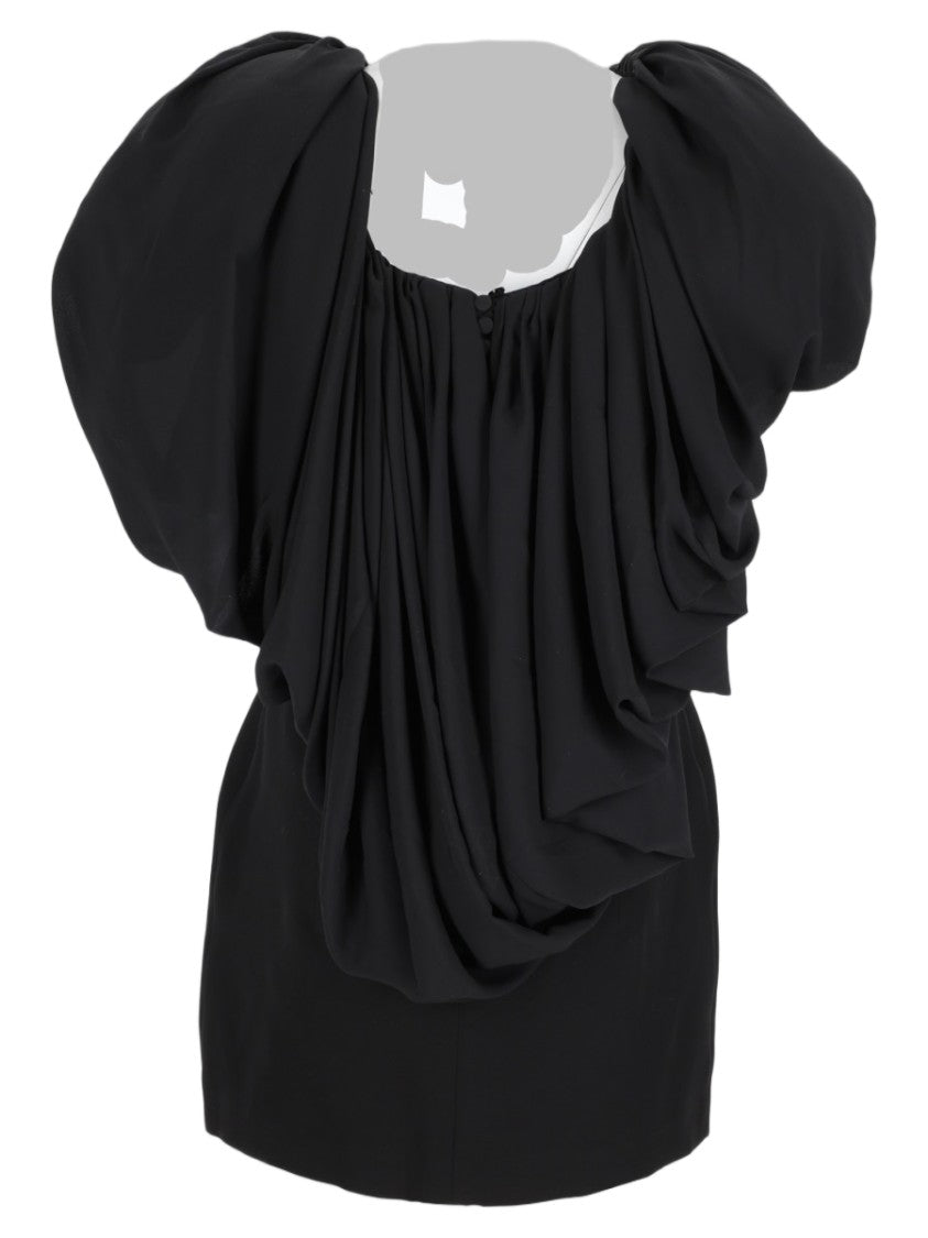 Magda Butrym Black Draped Puffed-Sleeve Mini Dress