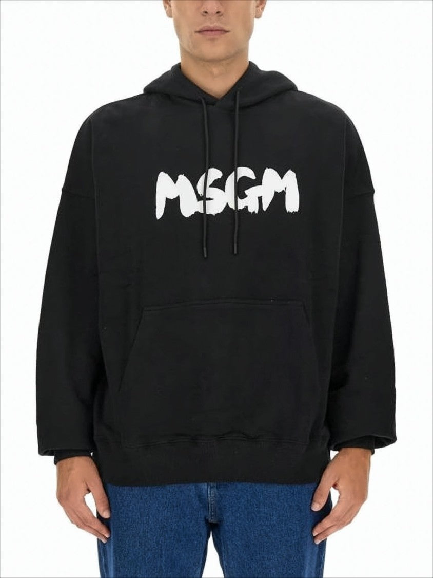 Msgm Relaxed Fit Black Hoodie With Bold Logo