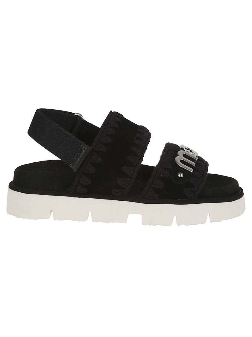 Mou Black Leather Platform Sandals With Decorative Detailing