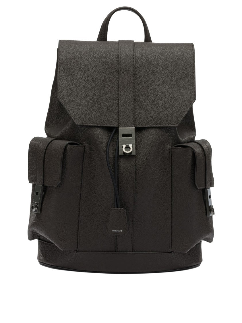 Ferragamo Double Pocket Leather Backpack With Flap Top