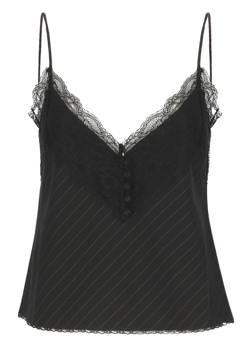 The Andamane Black Pinstriped Lace-Trim Tank Top