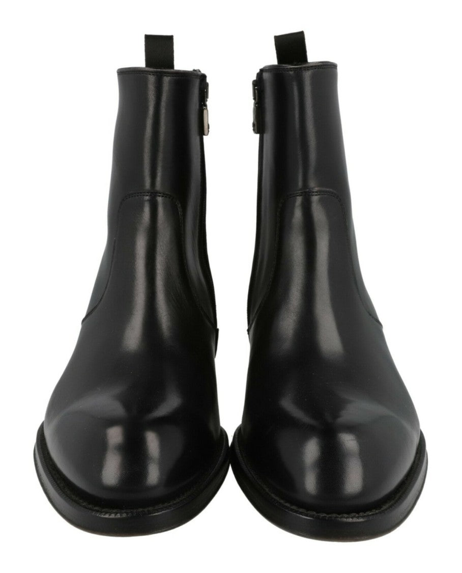 Brioni Vitello Roma Mid-Calf Leather Boots With Stacked Heel And Gunmetal Accents