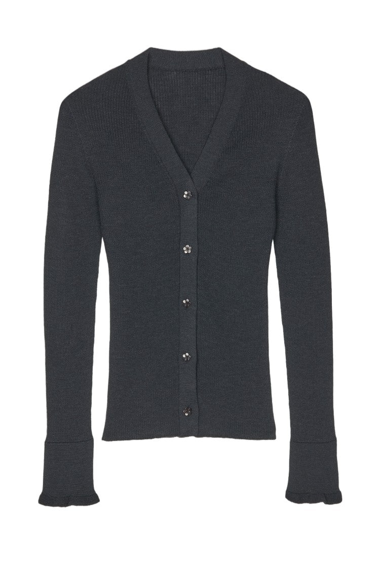 Cecilie Bahnsen Ribbed Merino Wool Cardigan With Decorative Flower Buttons