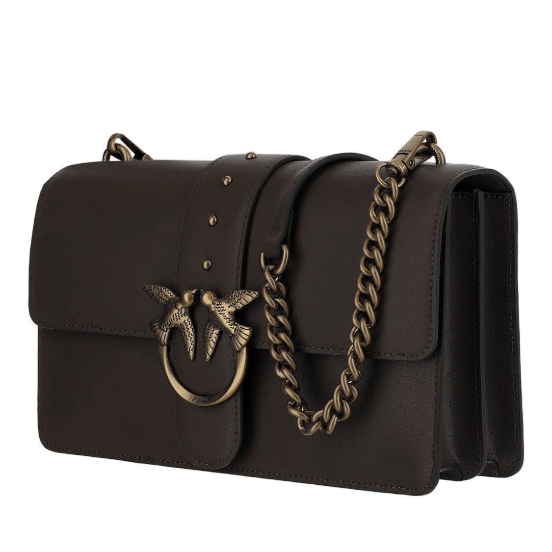 Pinko Dark Brown Love One Classic Leather Shoulder Bag