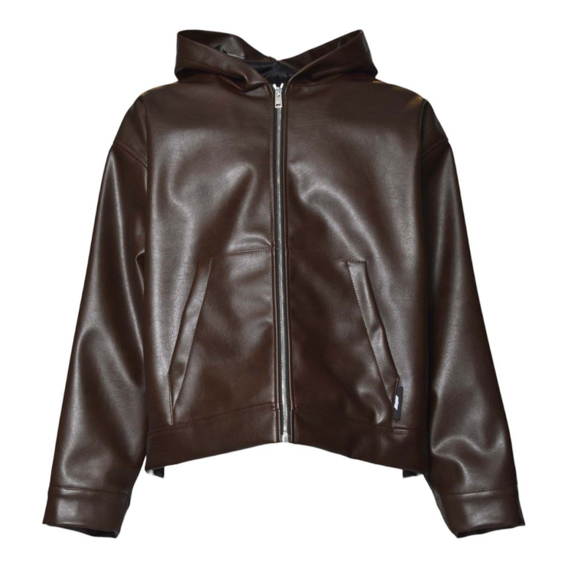 Msgm Brown Faux Leather Jacket With Hood And Minimalist Design