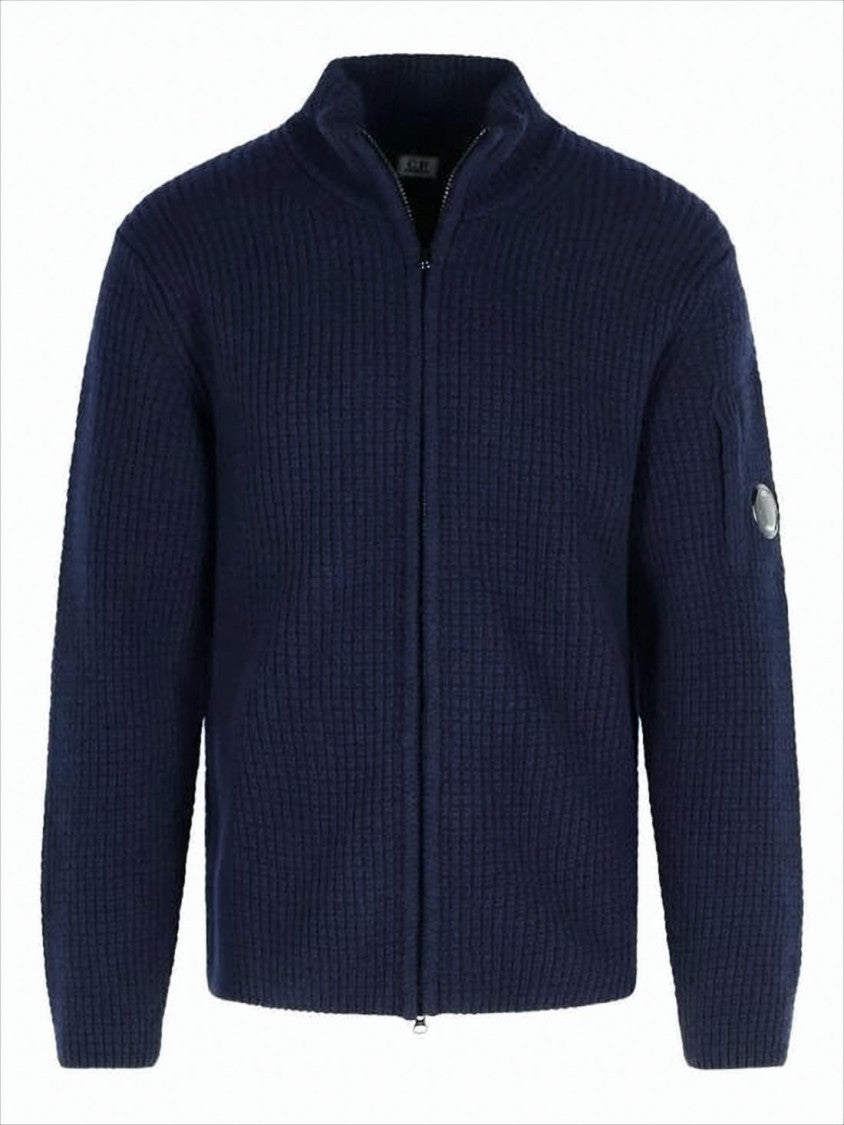 C.P. Company Ribbed Knit Zip-Up Sweater With High Collar And Logo Patch