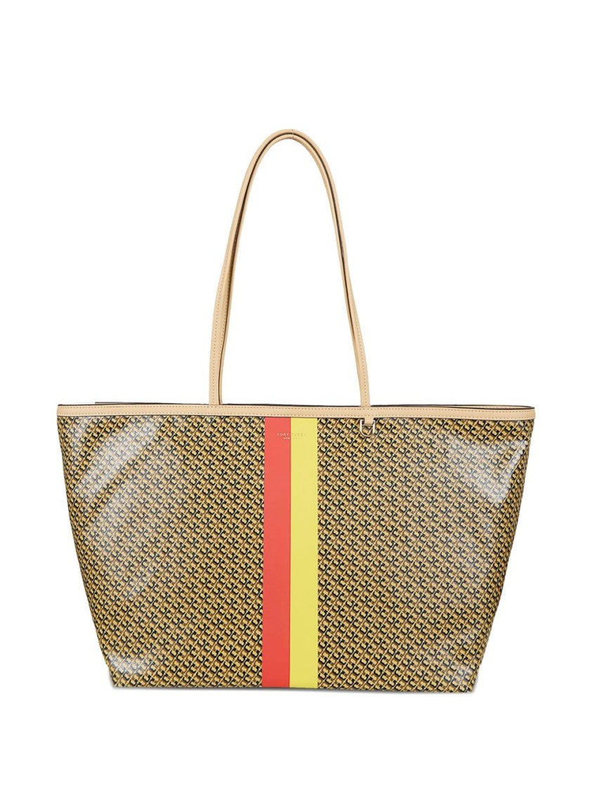Tory Burch Textured Beige Shopper Bag With Geometric Pattern And Striped Accents