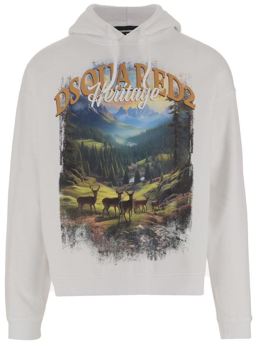 Dsquared2 Cotton Sweatshirt With Nature-Inspired Print And Adjustable Hood