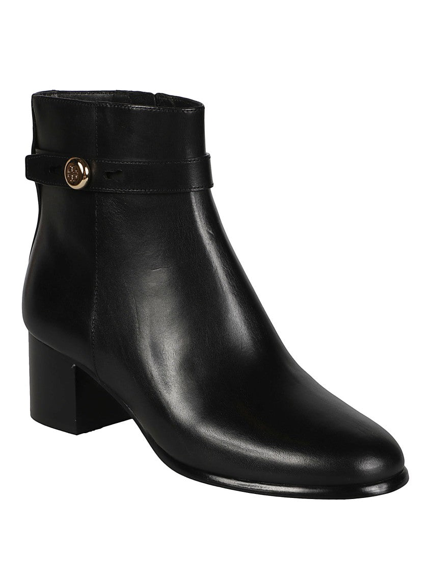 Tory Burch Romy Metallic Accent Block Heel Leather Ankle Boots