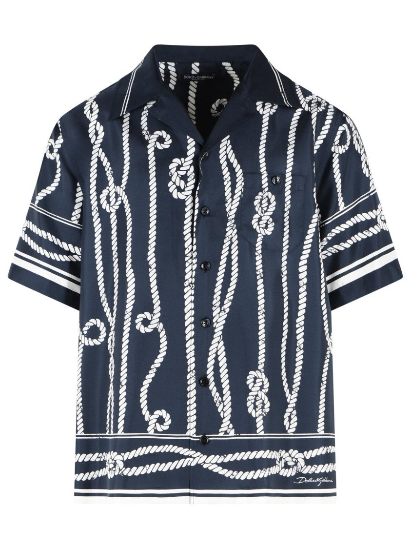 Dolce & Gabbana Navy Corde Contrast String Pattern Silk Shirt