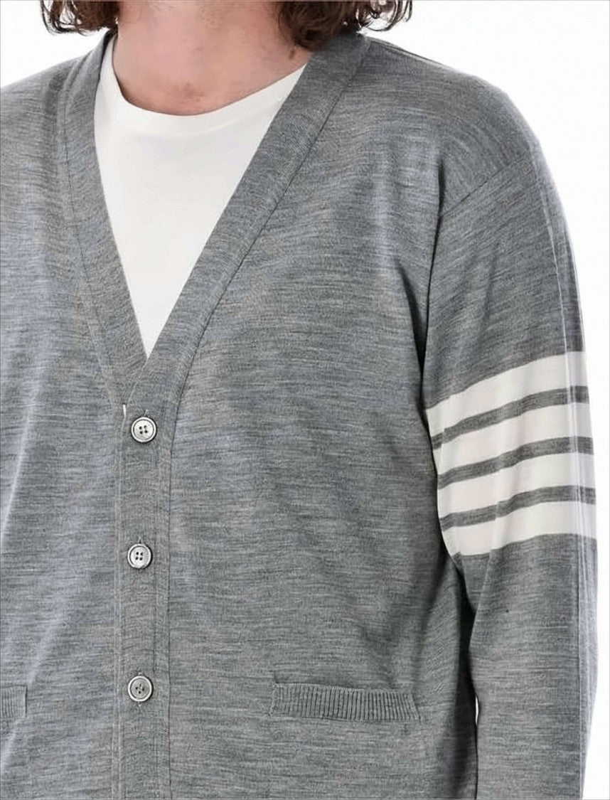 Thom Browne Medium Grey Wool Cardigan With Distinctive Stripe Detail