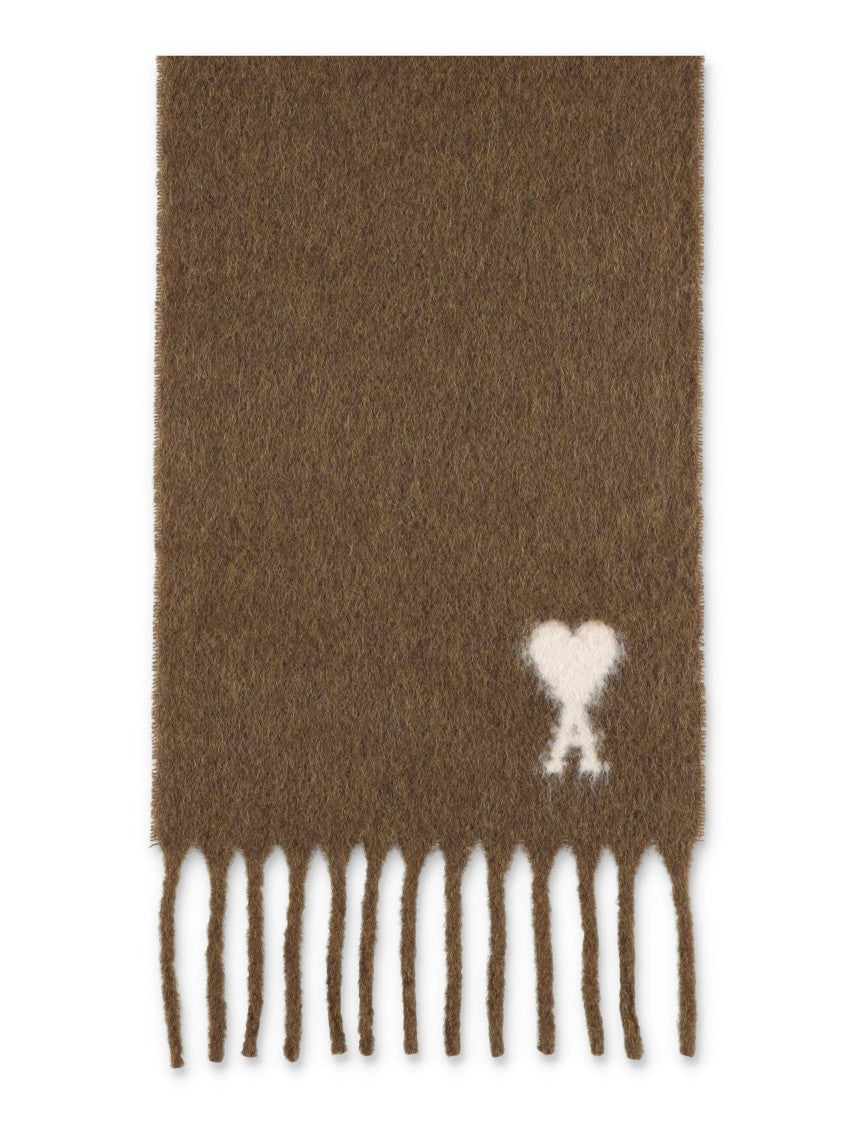 Ami Paris Alpaca And Wool Blend Scarf With Intarsia Logo