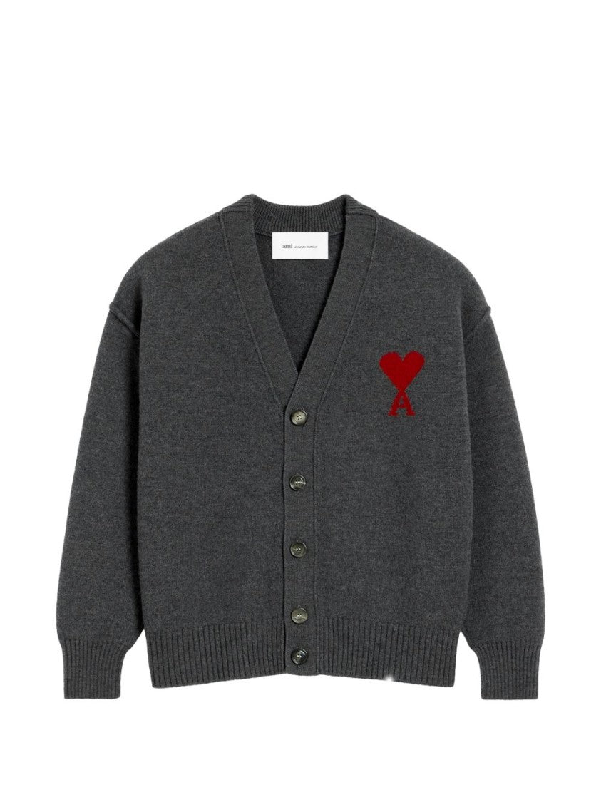 Ami Paris Dark Grey Cardigan Sweater With Iconic Heart Embroidery