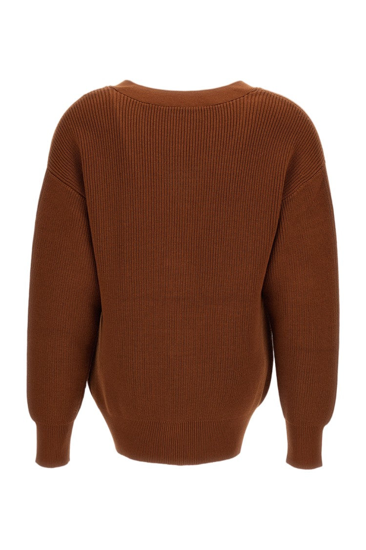 Elisabetta Franchi Brown Rib-Knit Gold Toggle Cardigan