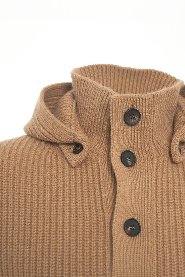 Gender Beige Ribbed Knit Cardigan With Hood And Button Closure
