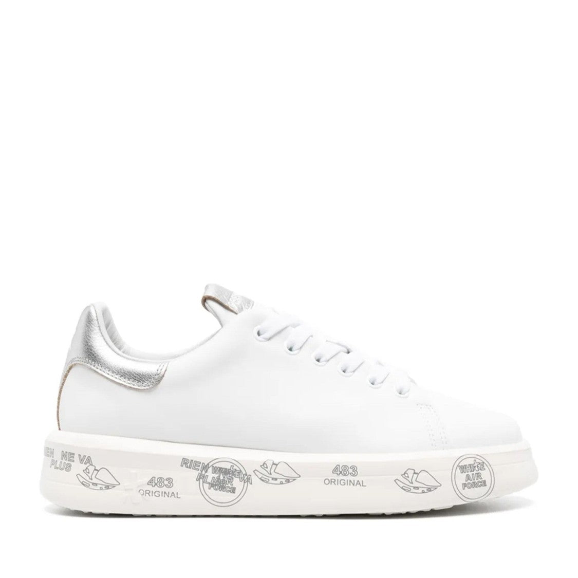 Premiata White Leather Graphic Metallic Accent Sneakers