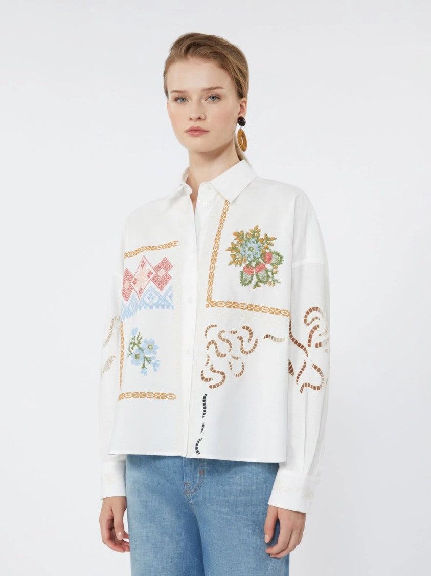Max Mara Intricately Embroidered White Button-Up Shirt With Cropped Fit