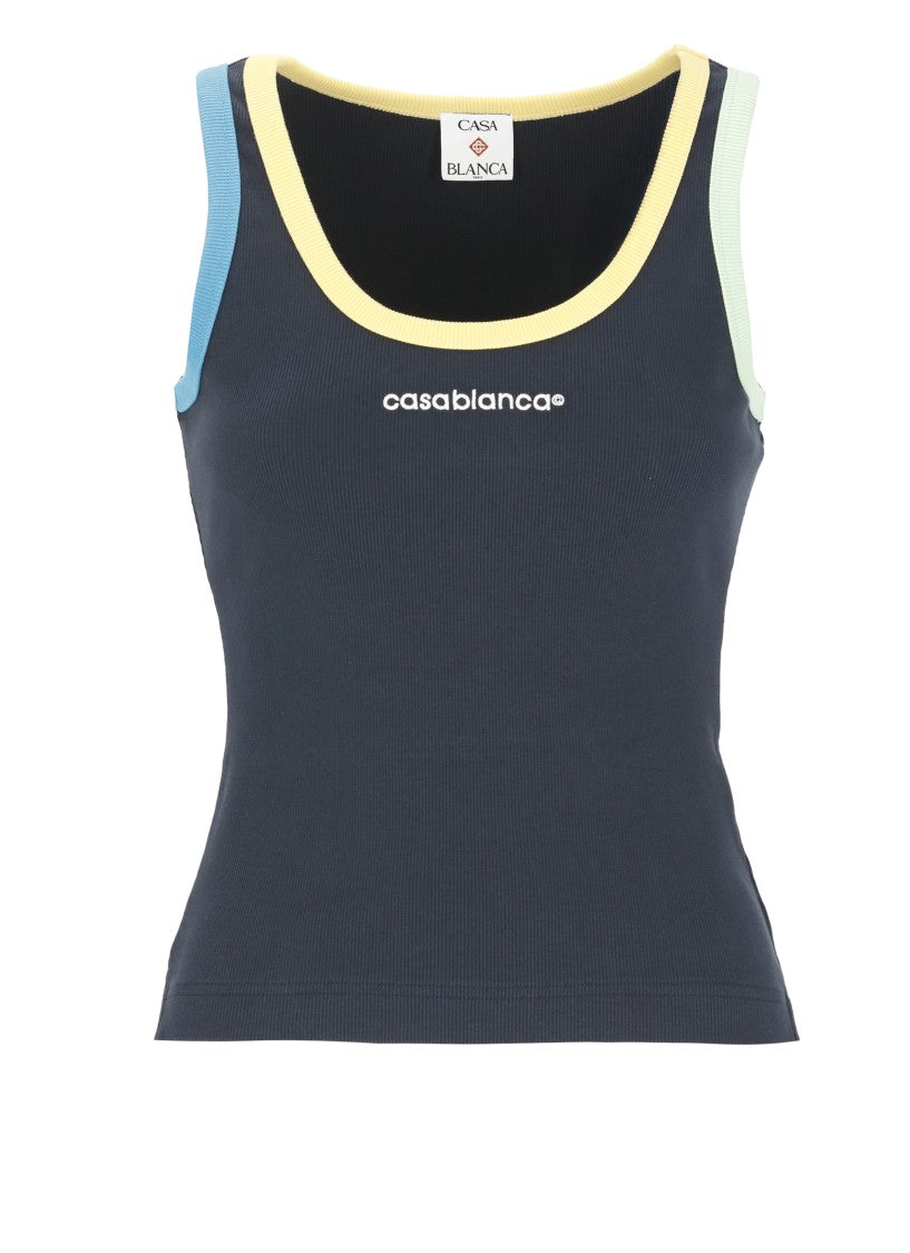 Casablanca Blue Ribbed Multicolor Trim Cotton Tank Top
