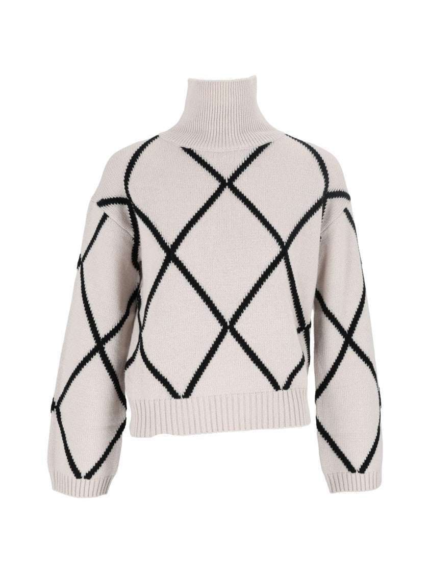 Allude Beige Diamond Pattern Cropped Turtleneck Sweater