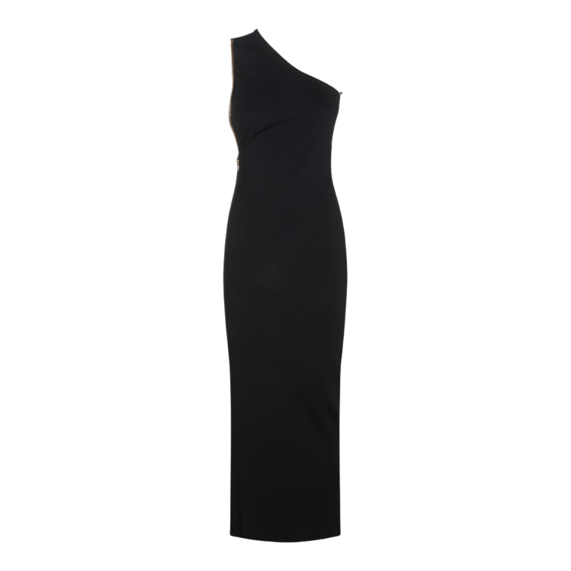 Elisabetta Franchi Black One-Shoulder Gold Zipper Maxi Dress