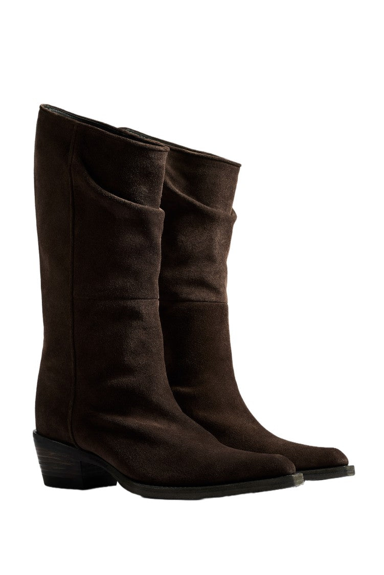 Khaite Grey Split-Suede Stacked Heel Western Boots