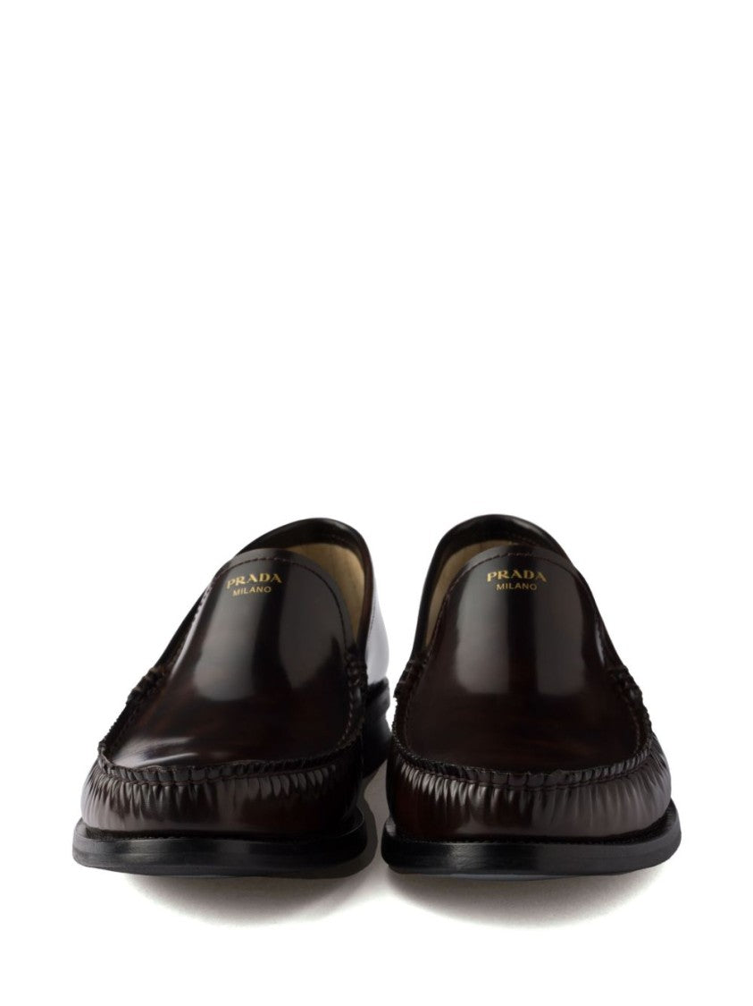 Prada Polished Leather Flat Shoes With Rounded Toe