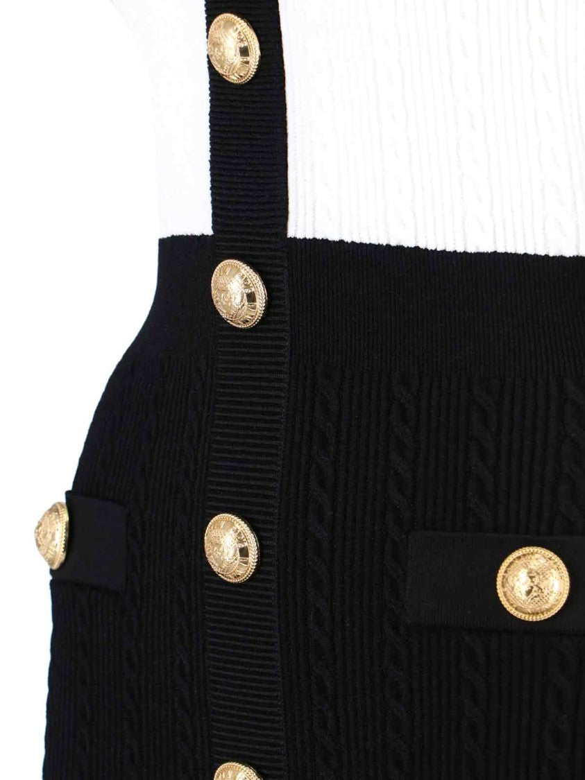 Balmain Fitted Black Dress With Ribbed Texture And Gold Accents
