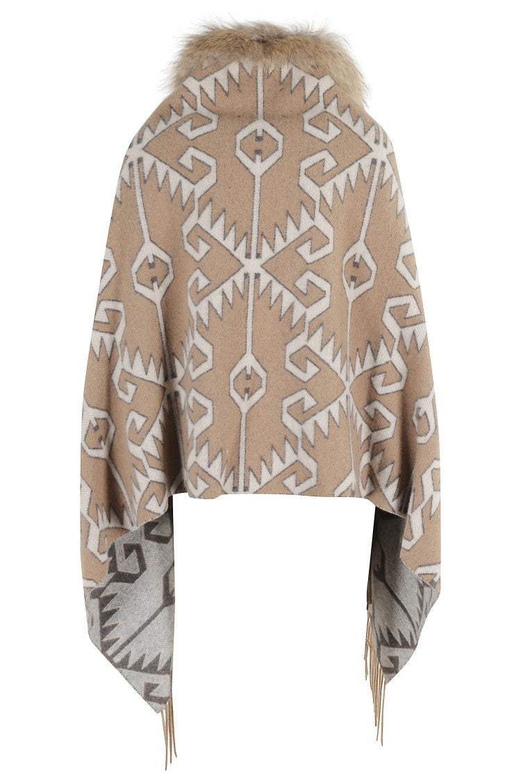 Bazar Deluxe Geometric Printed Wool Poncho With Eco Fur Collar