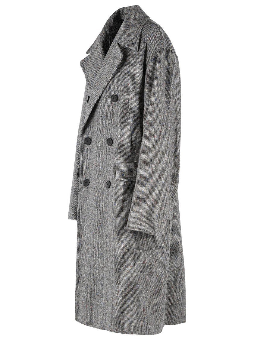 Dries Van Noten Double-Breasted Grey Wool Coat With Multicolored Check Pattern