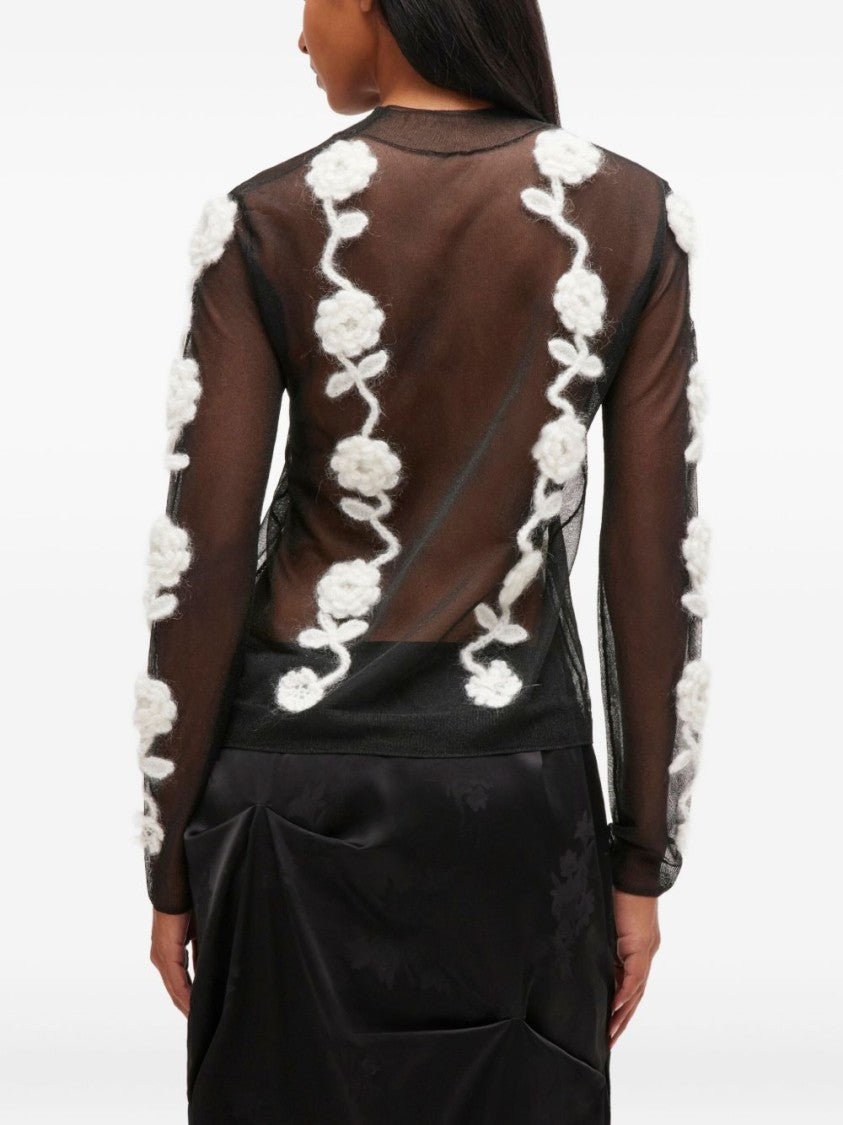 Ganni Sheer Black Long-Sleeve Top With Floral Appliqués