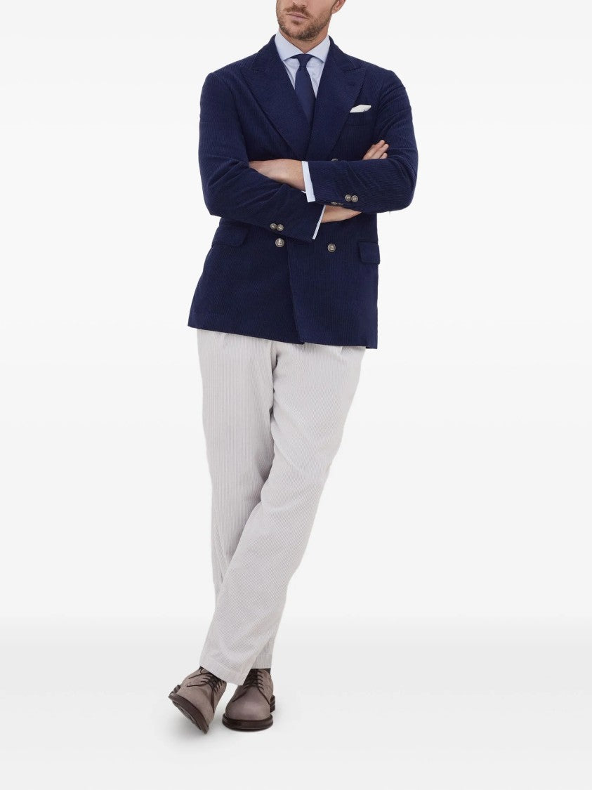 Brunello Cucinelli Double-Breasted Navy Blue Corduroy Blazer