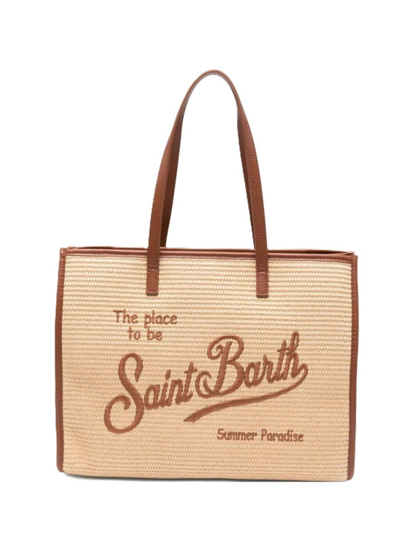 Mc2 Saint Barth Rectangular Woven Tote Bag With Embroidered Text