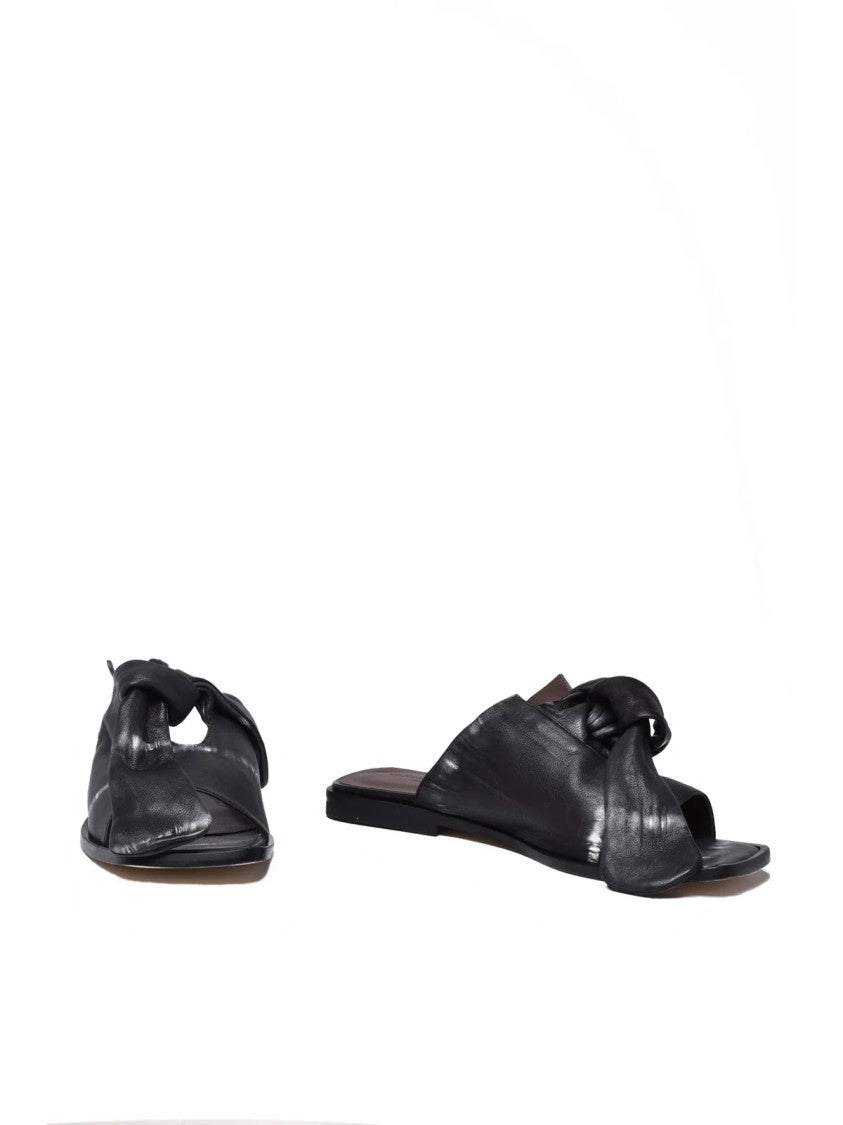 Collection Privee? Black Twisted Knot Leather Slide Sandals