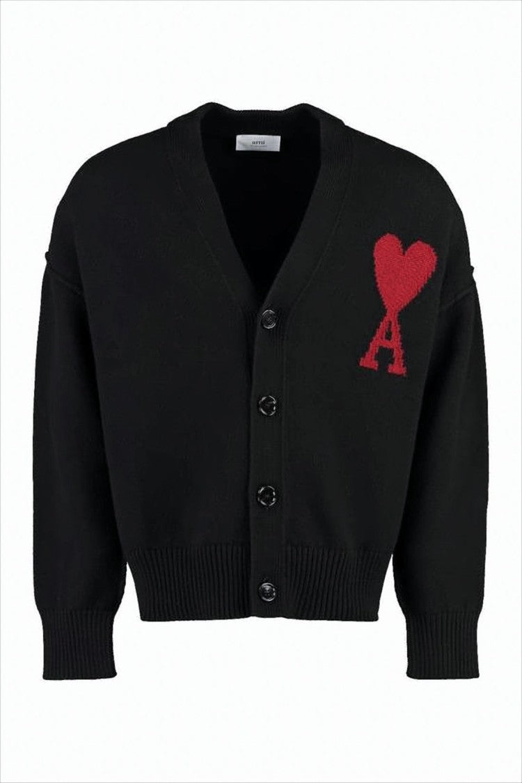 Ami Paris Cropped Black Cardigan With Deep V-Neck