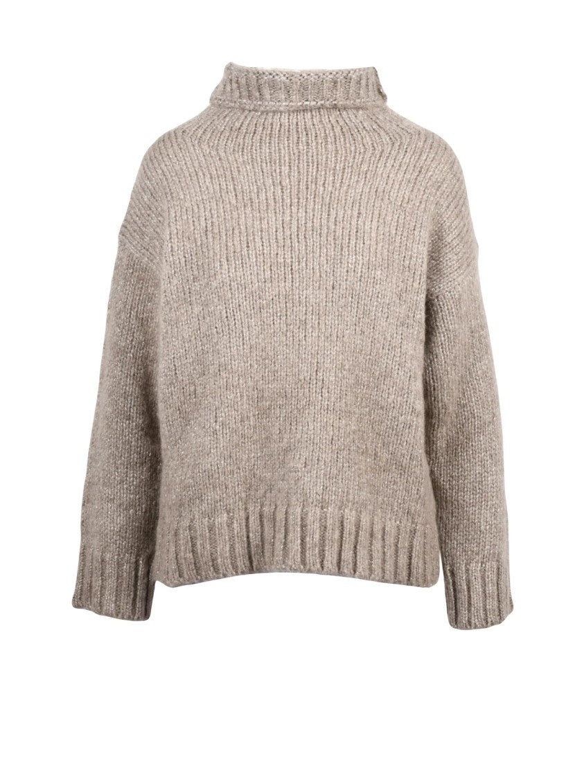 Alpha Studio High Neck Sweater With Metallic Fiber And Ribbed Knit Texture