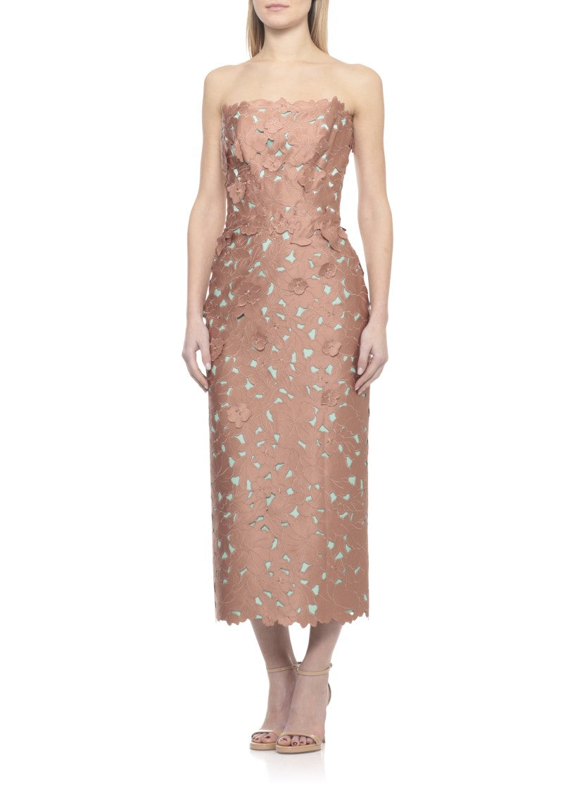 Costarellos Floral Lace Midi Dress With Straight Neckline And Cut-Out Details