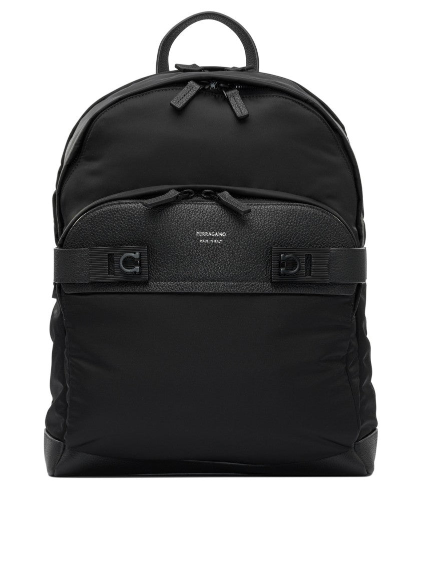 Ferragamo Durable Black Backpack With Leather Accents