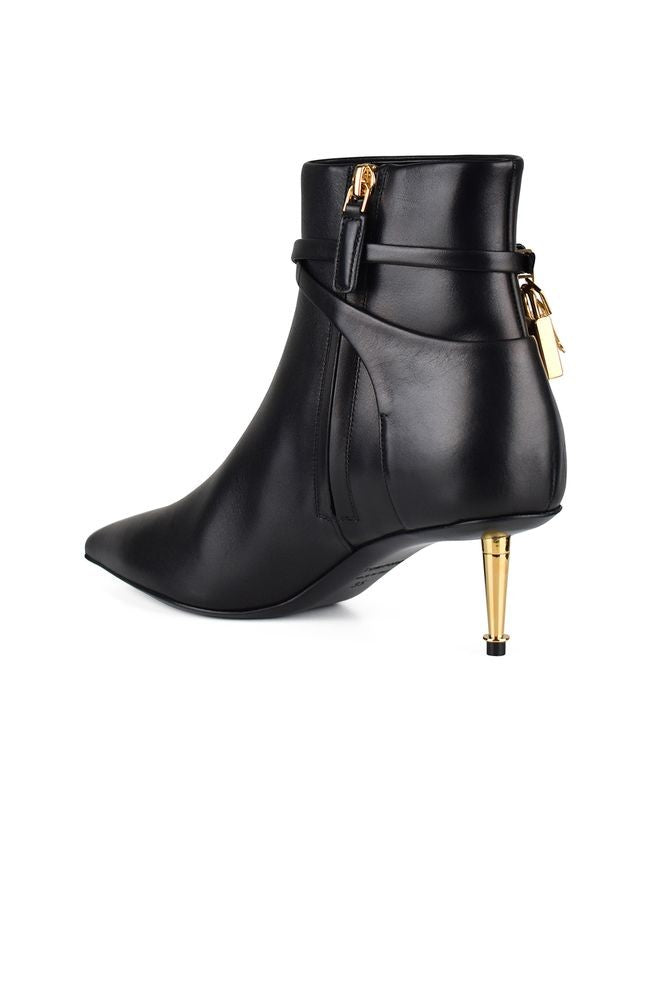 Tom Ford Pointed Black Leather Ankle Boots With Gold Lock Charm