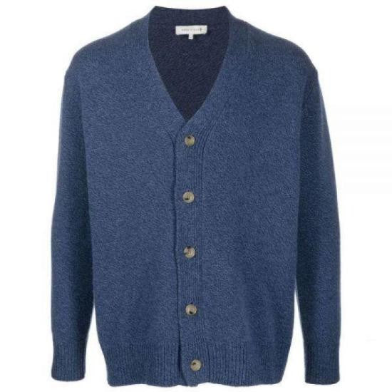 Mackintosh Deep V-Neck Blue Cardigan With Textured Knit And Ribbed Finish