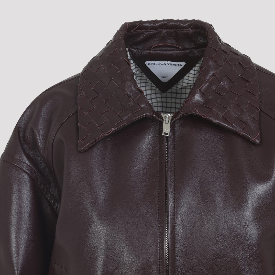 Bottega Veneta Burgundy Leather Jacket With Intrecciato Collar