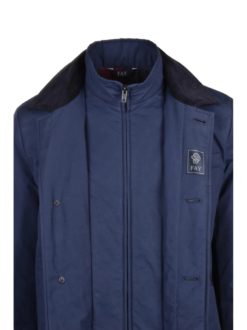 Fay Mid-Length Blue Coat With Button And Zip Closure