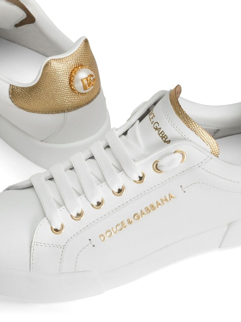 Dolce & Gabbana White Leather Sneakers With Gold Accents